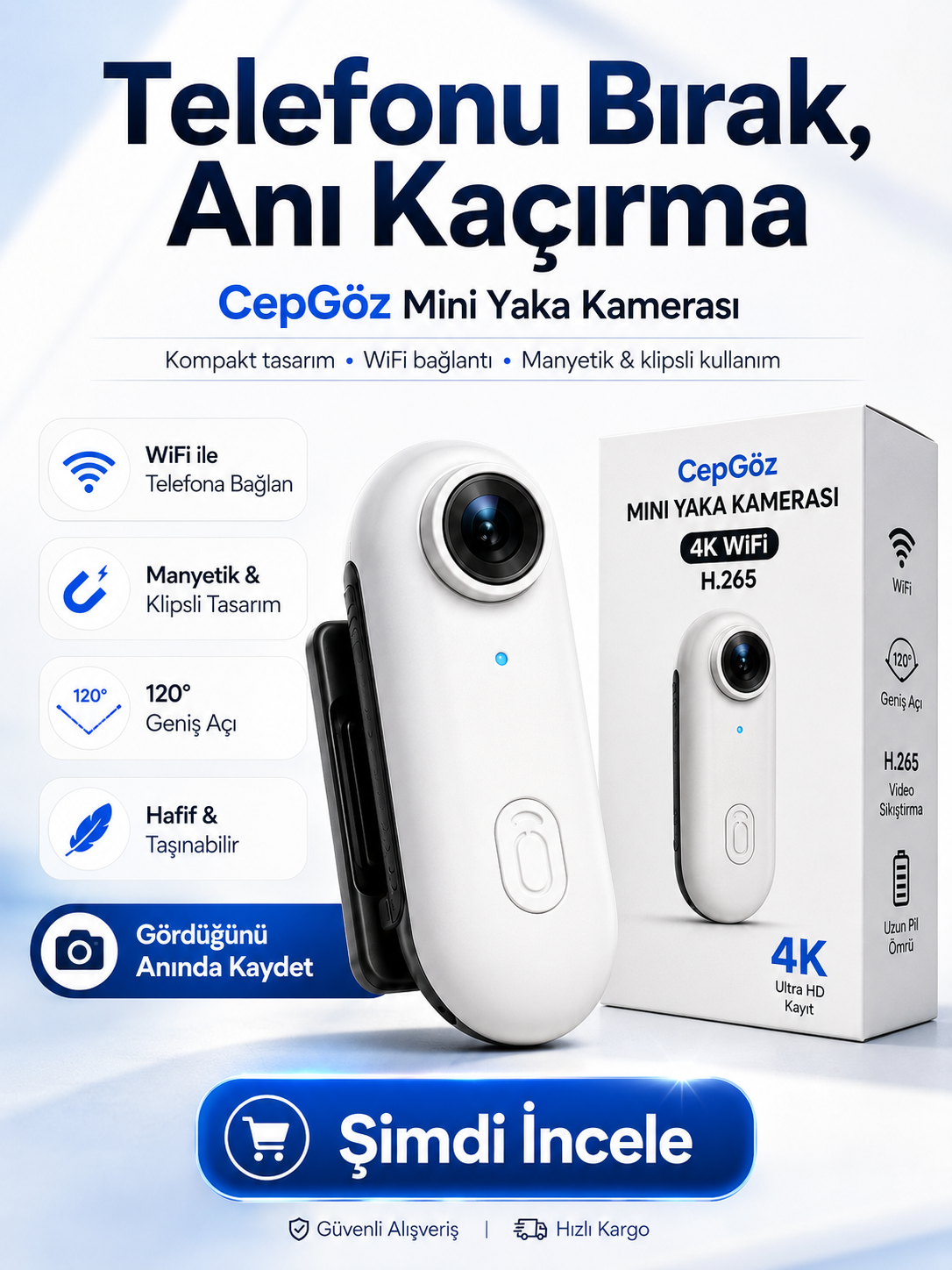 Cepgöz® Mini POV Yaka Kamerası – WiFi & Manyetik Klipsli
