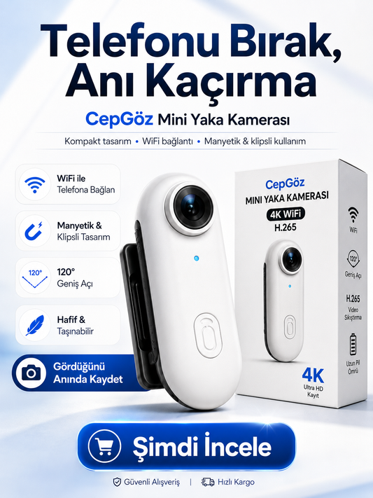Cepgöz® Mini POV Yaka Kamerası – WiFi & Manyetik Klipsli